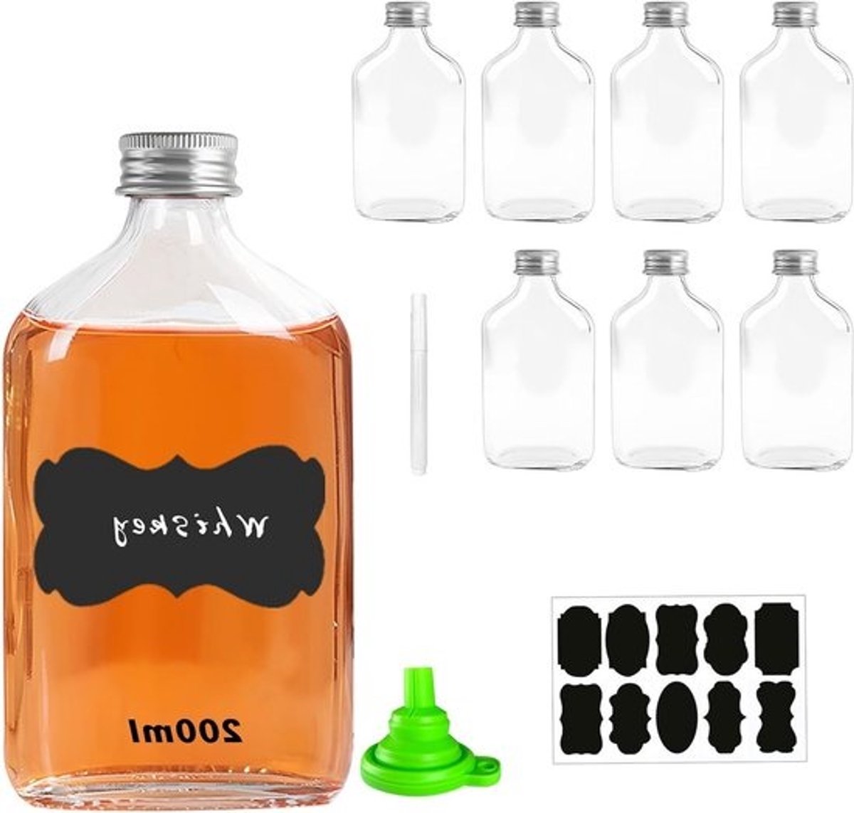 Set van 8 herbruikbare 200ml glazen flessen met schroefdoppen, trechter, labels en pen voor wijn, whisky of sterke dranken