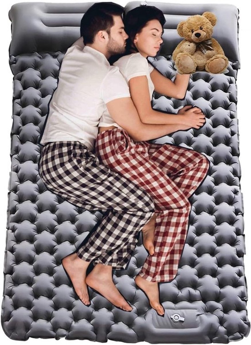 Opblaasbare campingmat - Slaapmat dubbel - Kamperen en wandelen - Met ingebouwde pomp - 195 cm lang - Grijs