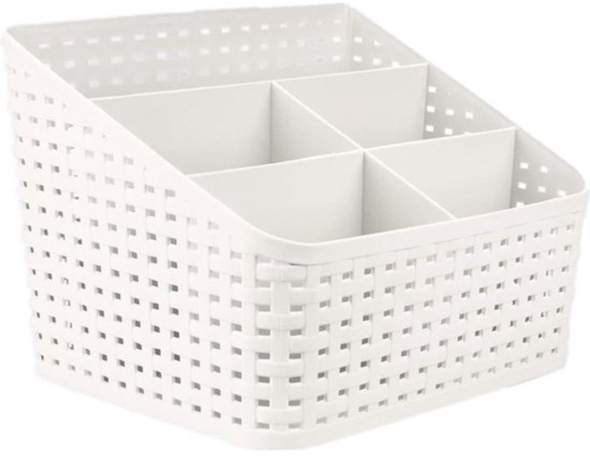 Cosmetic opbergmand, organizer, rotan opberghouder met 5 vakken, Kunststof make-up, opbergruimte, desktop organizer, cosmetica, multi-grid opbergdoos voor bureau en kantoor