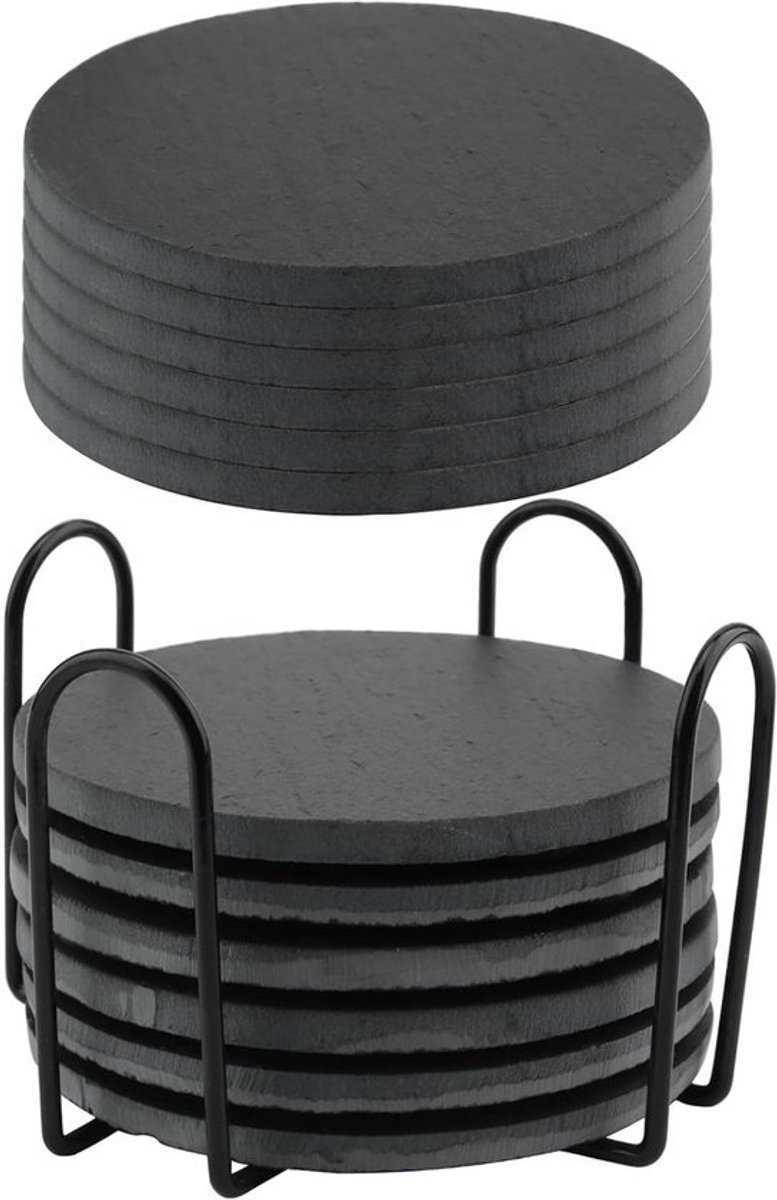 Set van 12 ronde zwarte leisteen coasters met houder - anti-kras pads voor drankjes - ideaal voor thuis, bar en keuken