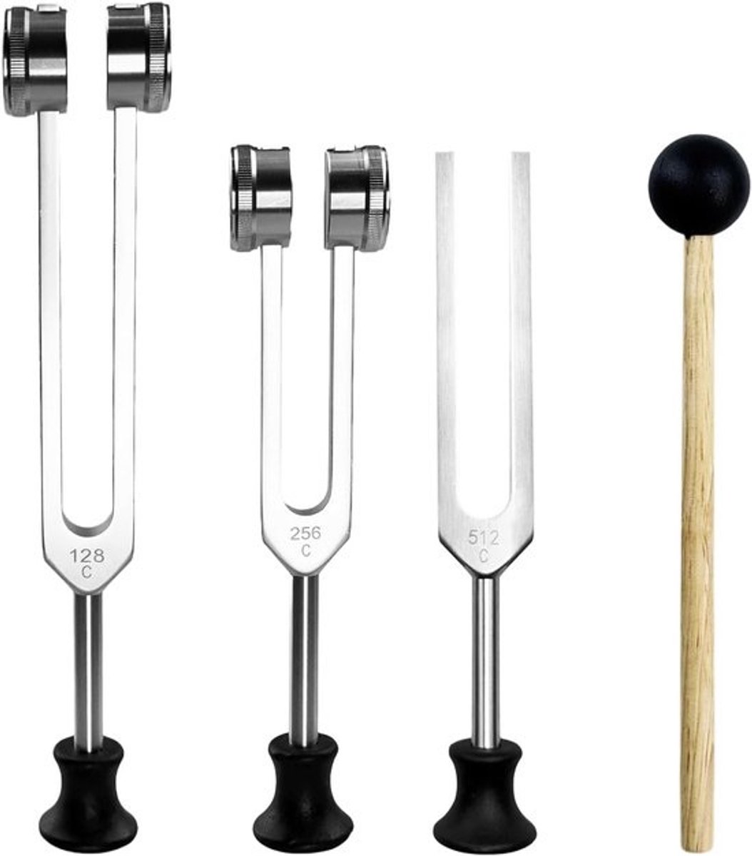 Set van 4 stemvorken - 128, 256, 512 Hz, met hamer - Voor therapie en ontspanning