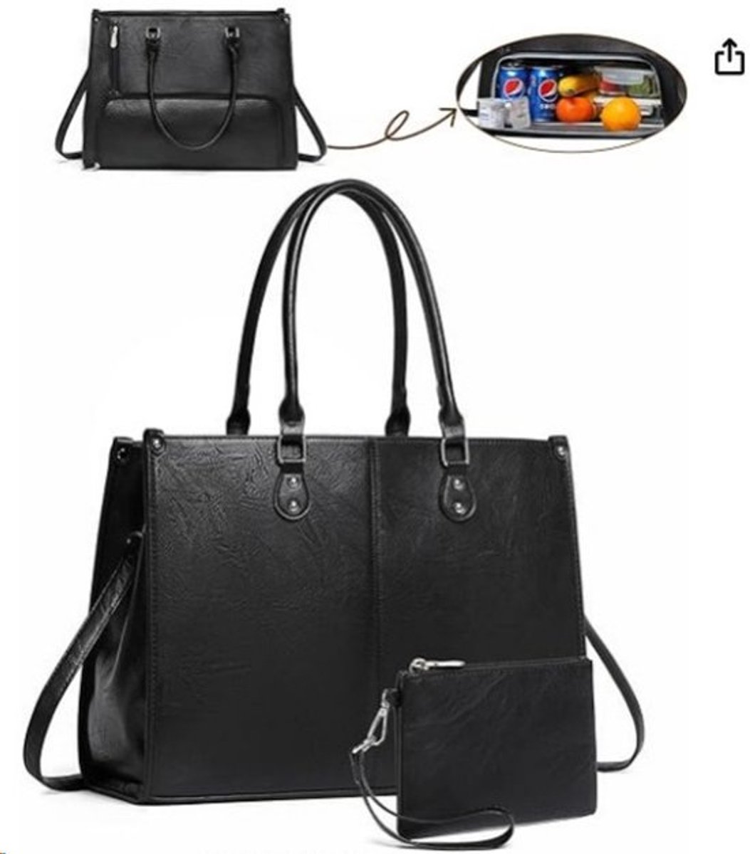 Lunch Tas - 2-in-1 Lunch Tas Handtas Combinatie - Vegane Leder Laptop tas - 15,6-inch Handtas Met Geïsoleerde Lunch Kamer - Lunch Tas - Vrouwen Koeltas - School Kantoor Isolatie Tas - Zwart