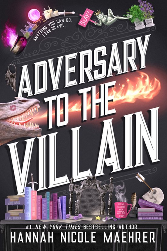 Boekomslag met de titel 'Adversary to the Villain'. Een drakenkop, sleutels en een kroon met de tekst 'Slay!' staan centraal. Ernaast staan boeken en een troon.
