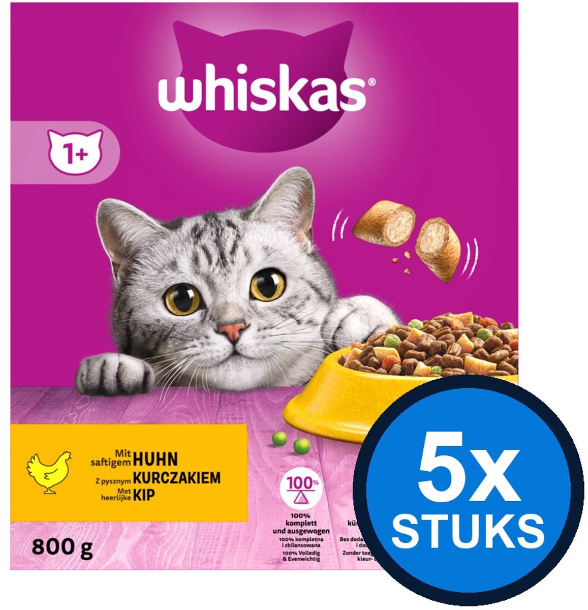5x Whiskas - 1+ droog adult kip 800gr - Kattenvoer - 800 g