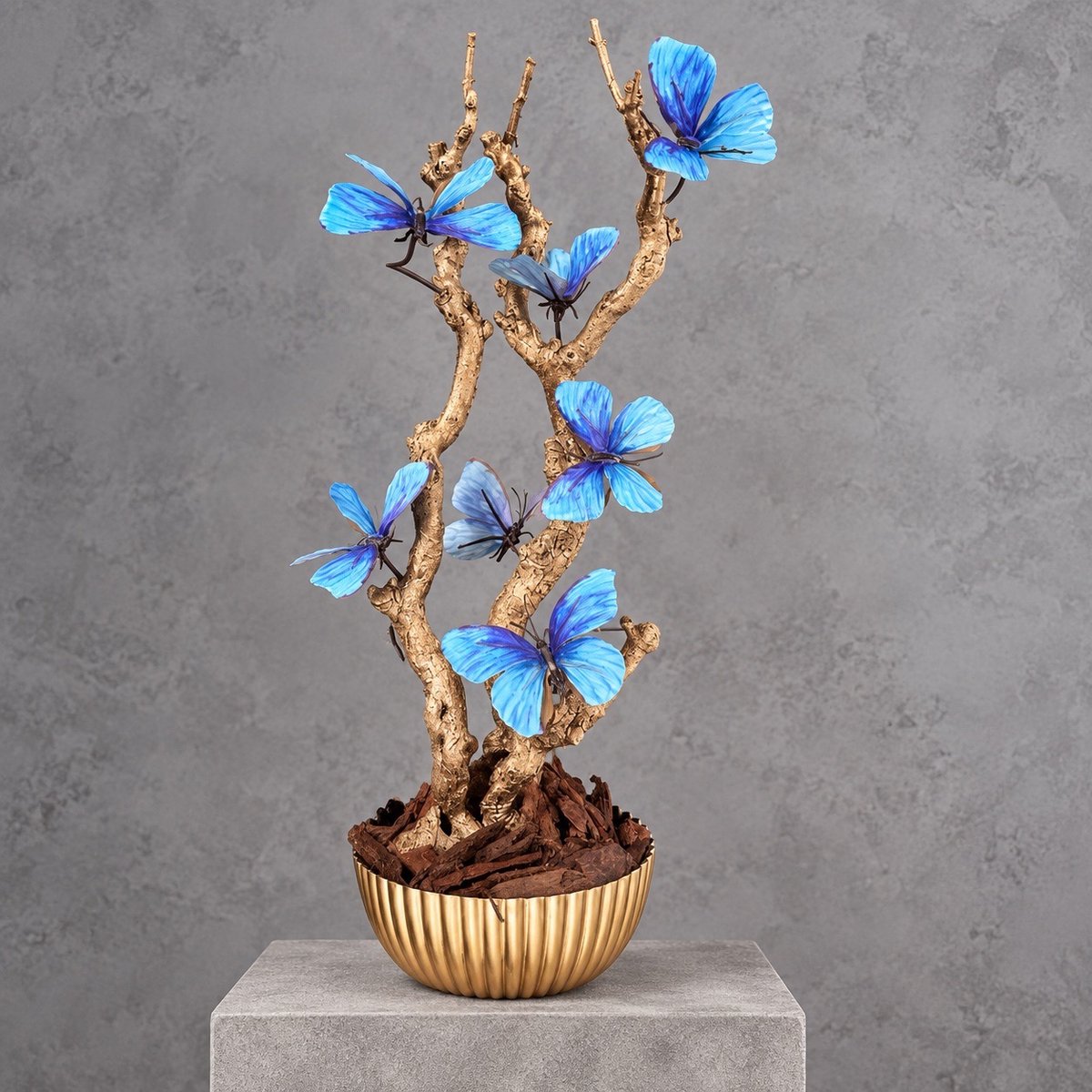 Seta Fiori Vlinderboompje met blauwe vlinders – 35 cm – goud – Seta Fiori blauw en goud