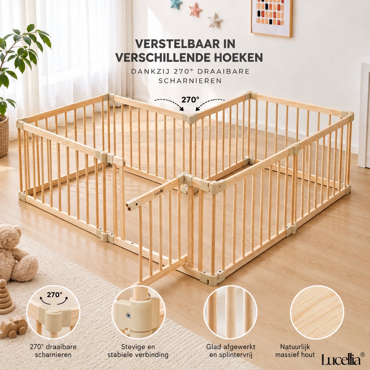 Lucellia® Houten Grondbox Baby 172x172 cm – Inklapbare Speelbox Hout – Kinderbox, Kruipbox, Playpen & Baby Box – Volledig Voorgemonteerd – Prime Wood – foto 7