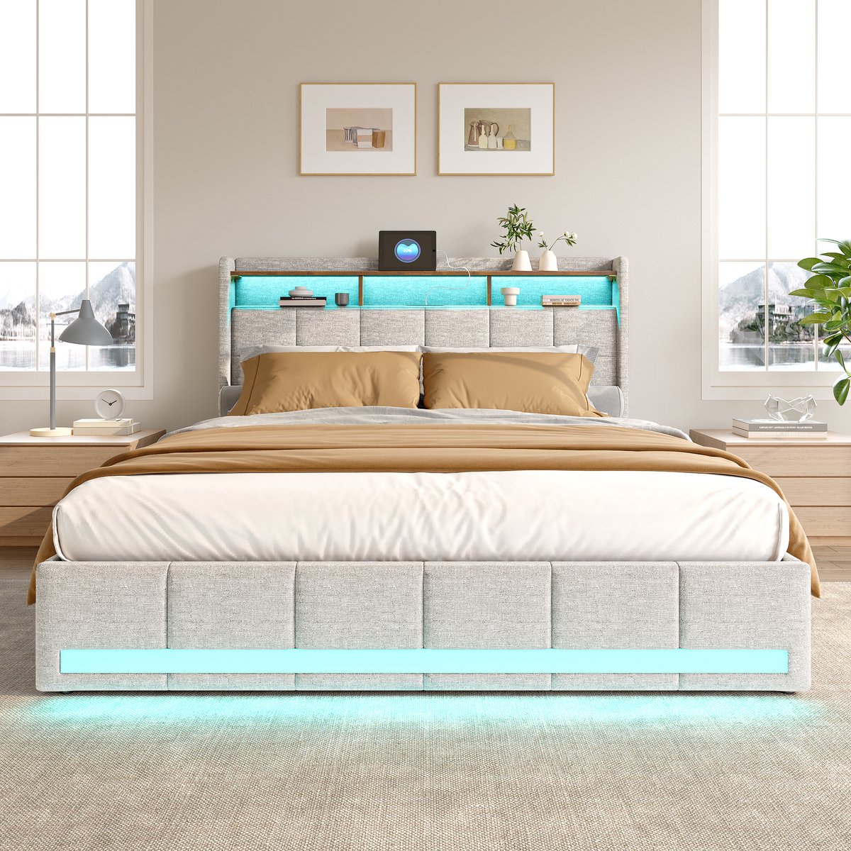 ROSAHQNDA Tweepersoonsbed 140x190 cm, gestoffeerd volwassen bed met LED-hoofdbord en 4 opberglades, modern design, linnen, beige, zonder matras