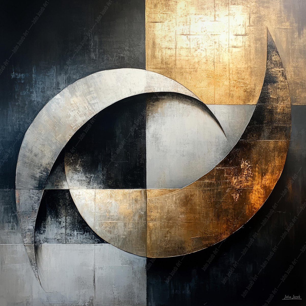 John Joseb Art (Canvas) 60x60 | Geometrisch abstract, industrieel, metaal, aluminium, staal, kunst | woonkamer, vierkant, goud, zwart, grijs, modern | Foto-Schilderij canvas print (wanddecoratie) Canvas, dikte 2 cm