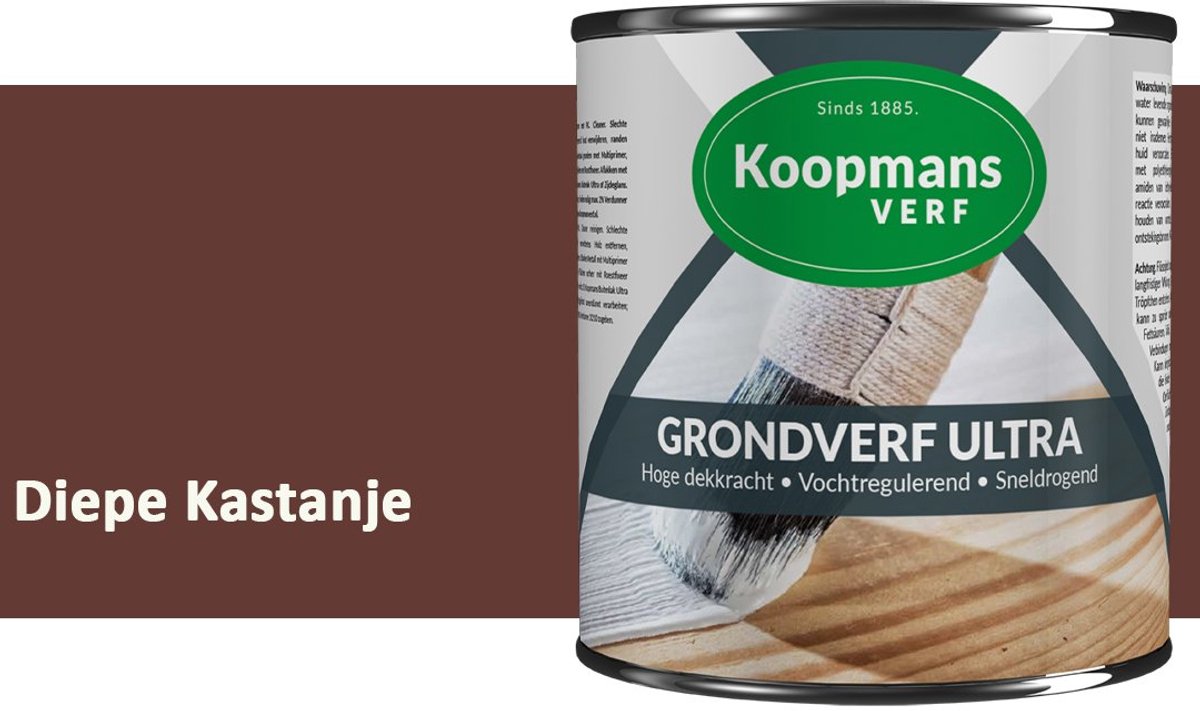 Koopmans Grondverf Ultra – Grondverf Hout & Metaal Binnen en Buiten – Vochtregulerende Primer – Hoge Dekking – Zijdeglans – Diepe Kastanje – 375 ml