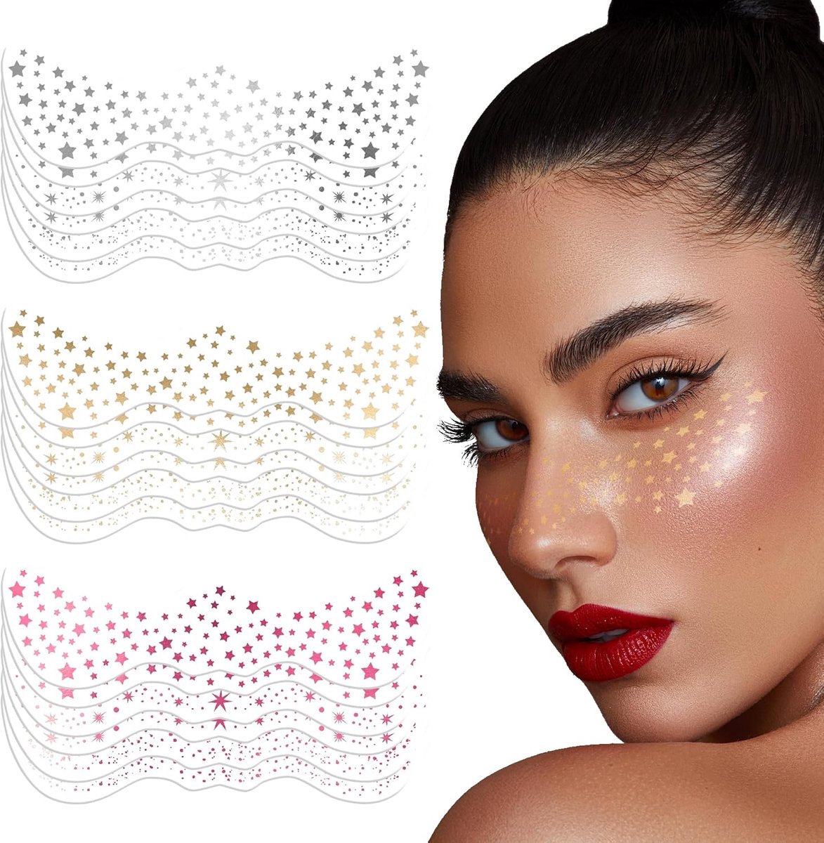 Bruisende gezichtstatoos, 18 stuks, fonkelende feeststickers, tijdelijke tatoeage, glitter freckles goud, waterdicht (zilver, goud, roze)
