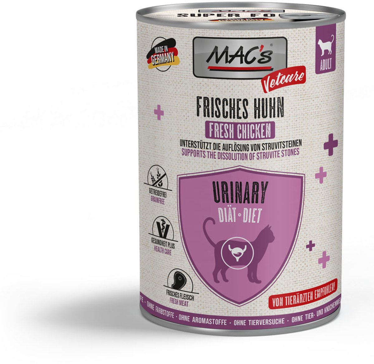 Mac's vetcare urinary kattenvoer - kip 96.6% vlees- 6x 400gr - speciaal dieetvoeding bij urineweg en blaas problemen zoals blaasgruis