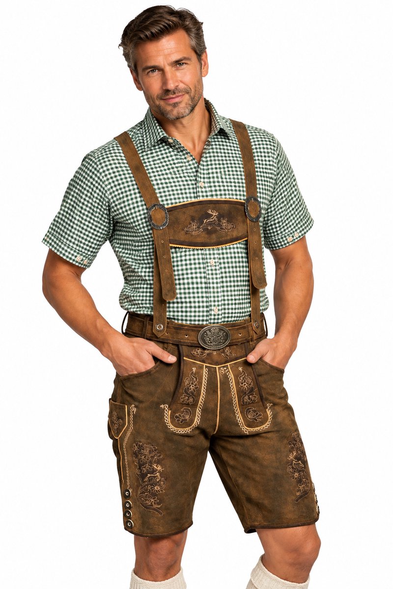Tannhauser Lederhose Kitzbuhel Kort met Riem en Bretels 100% Echt Runderleder Oktoberfest Heren Lederhosen Man Carnavalskleding Heren - Runderleer - Bruin - Maat 3XL/58