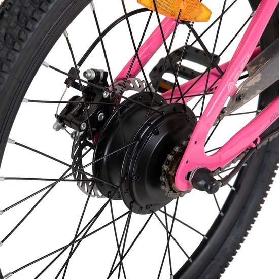 Roze fietsframe met zwart aandrijfwiel, ketting en schijfremmen.