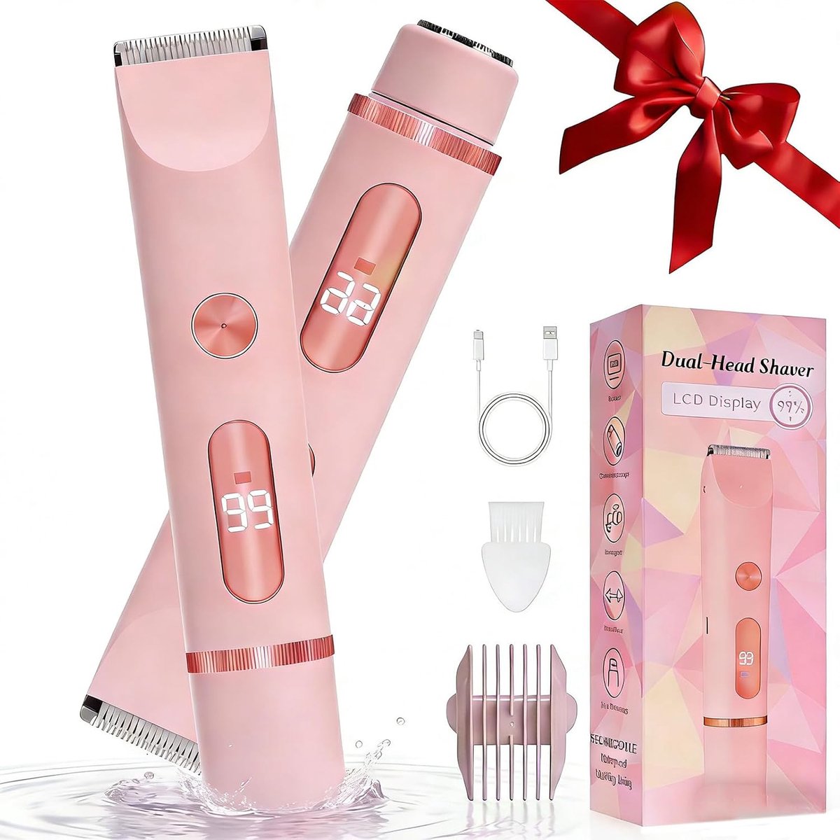 Dames Scheerapparaat, Draadloos en Oplaadbaar, Elektrische Trimmer voor Intieme Zone met LED, Nat/Droog, USB-Laadstation, Lichaamstrimmer voor Vrouwen - Roze