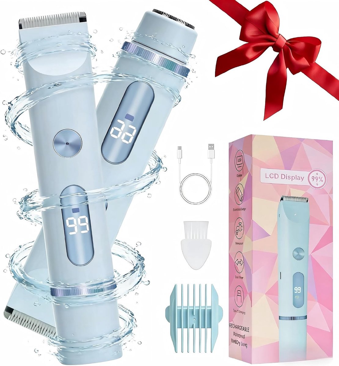 Dames Scheerapparaat, Draadloos en Oplaadbaar, Elektrische Trimmer voor Intieme Zone met LED, Nat/Droog, USB-Laadstation, Lichaamstrimmer voor Vrouwen - Blauw