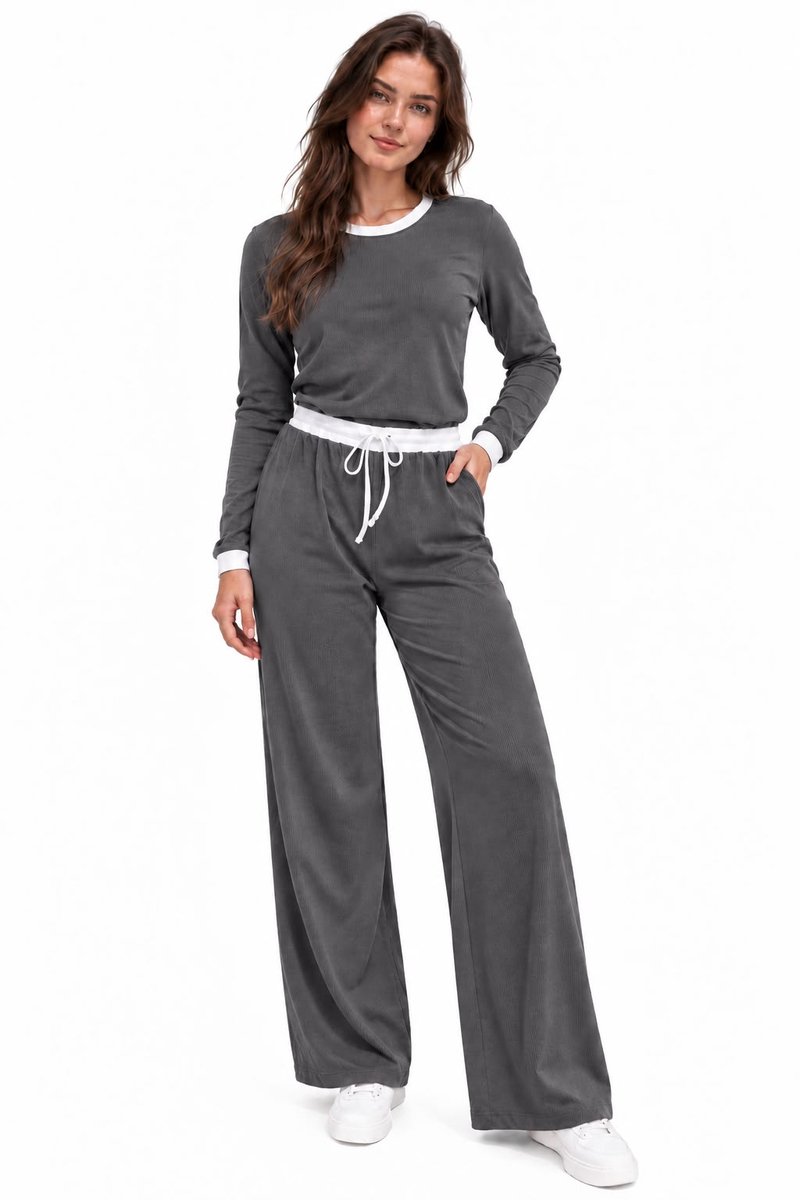 Dames Rib Fluffy Lounge Set-Vrijetijdspak-Huispak-40(L)-NGHP-W26004 Grijs