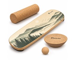 FunLife MORNING MIST Balance Board set met kurkrol en 2 kurkopzetstukken – Balansbord van berkenhout voor core-, balans- en coördinatietraining