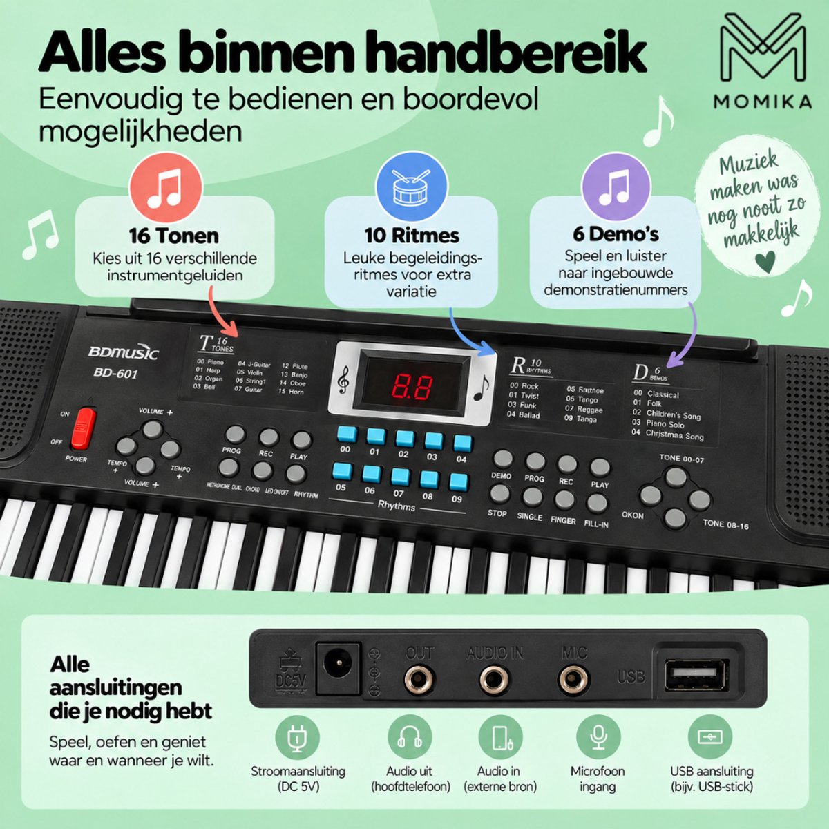 MoMiKa Kindvriendelijk Keyboard Piano voor Kinderen – Kinderkeyboard met 61 Toetsen – Microfoon – Beginners Keyboard – Stroom & Batterij — cadeau in Spellen & Speelgoed - foto 3