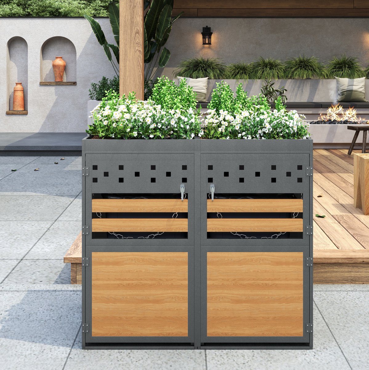 MEUNIQ Containerberging voor 2 afvalcontainers van 120-240 liter met plantendak, afsluitbare deuren, kettingen en ventilatiesleuven, 132 x 80 x 125 cm, antraciet met houtlook
