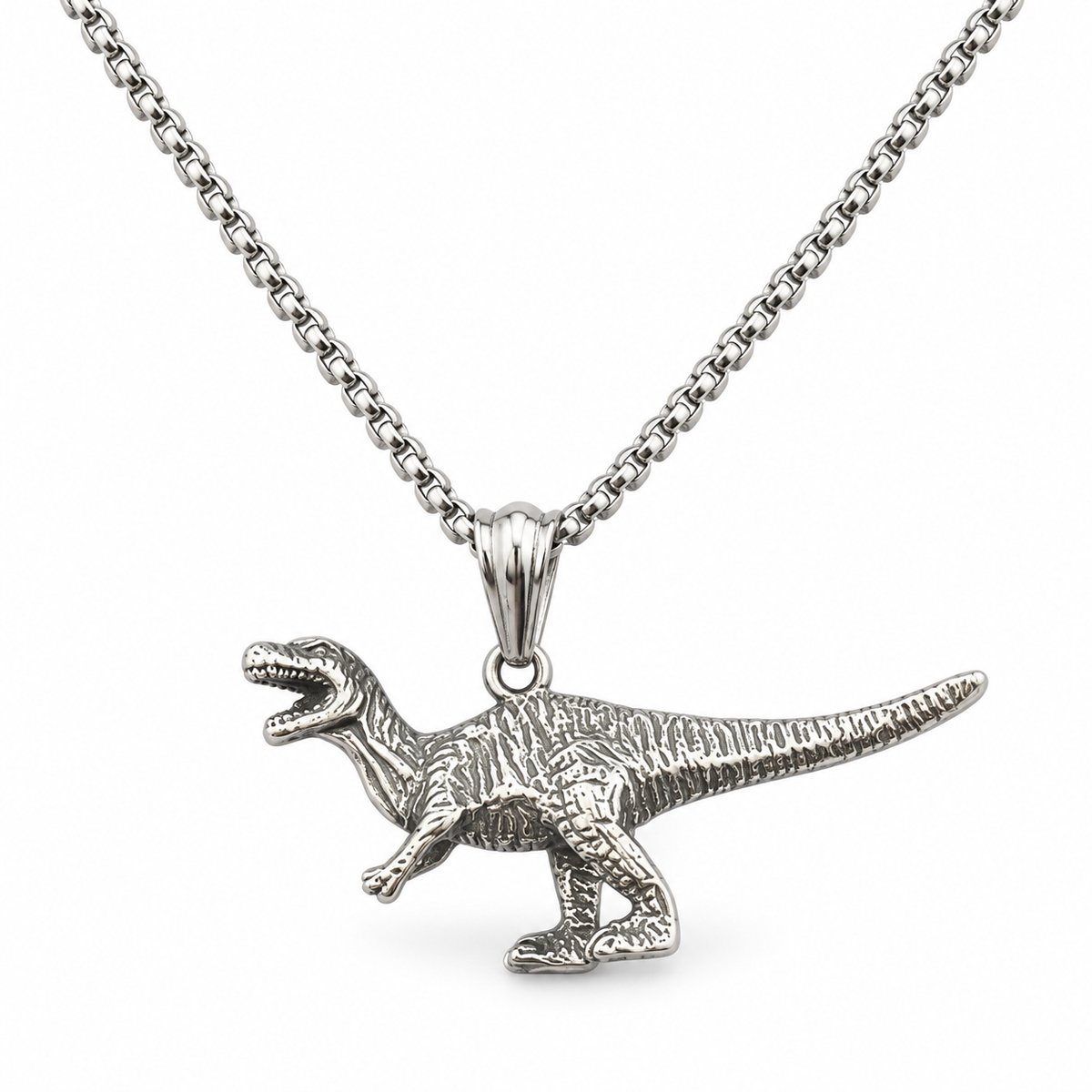 Mitear Velociraptor Ketting – Stainless Steel – Zilverkleurige 3D Dinosaurus Hanger