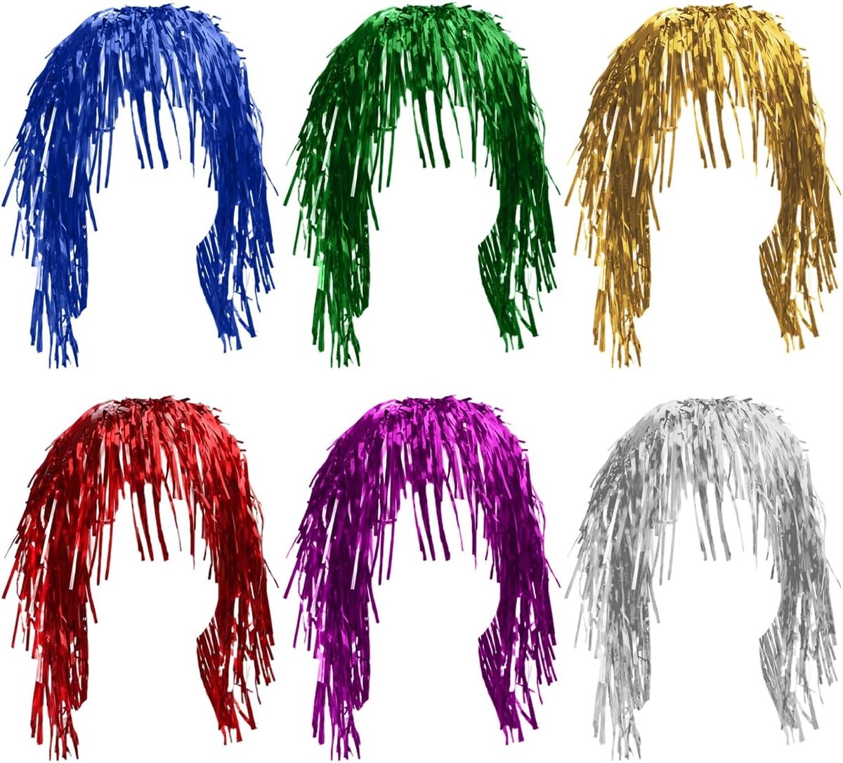 Set van 6 kleurrijke lametta pruiken, glinsterende kostuum pruiken voor Halloween, kerst en maskerade ballen, ideaal voor cosplay en fotoshoots