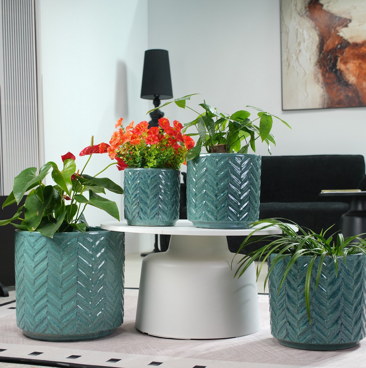 DESMIU Bloempot – 4-Delige Set Met Visgraatreliëf – Ø 38/31,5/24,5/20 Cm – Keramiek – Aquablauw – Binnen En Buiten