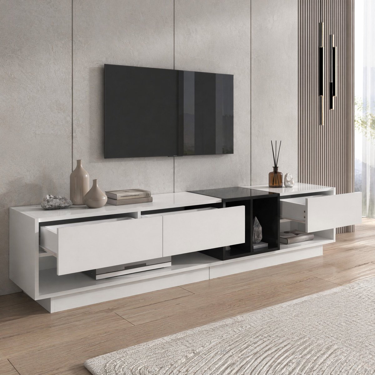 MEUNIQ TV-meubel lowboard 190 x 40 x 42 cm met 3 lades en 2 open vakken, hoogglans zwart-wit tv-kast voor woonkamer