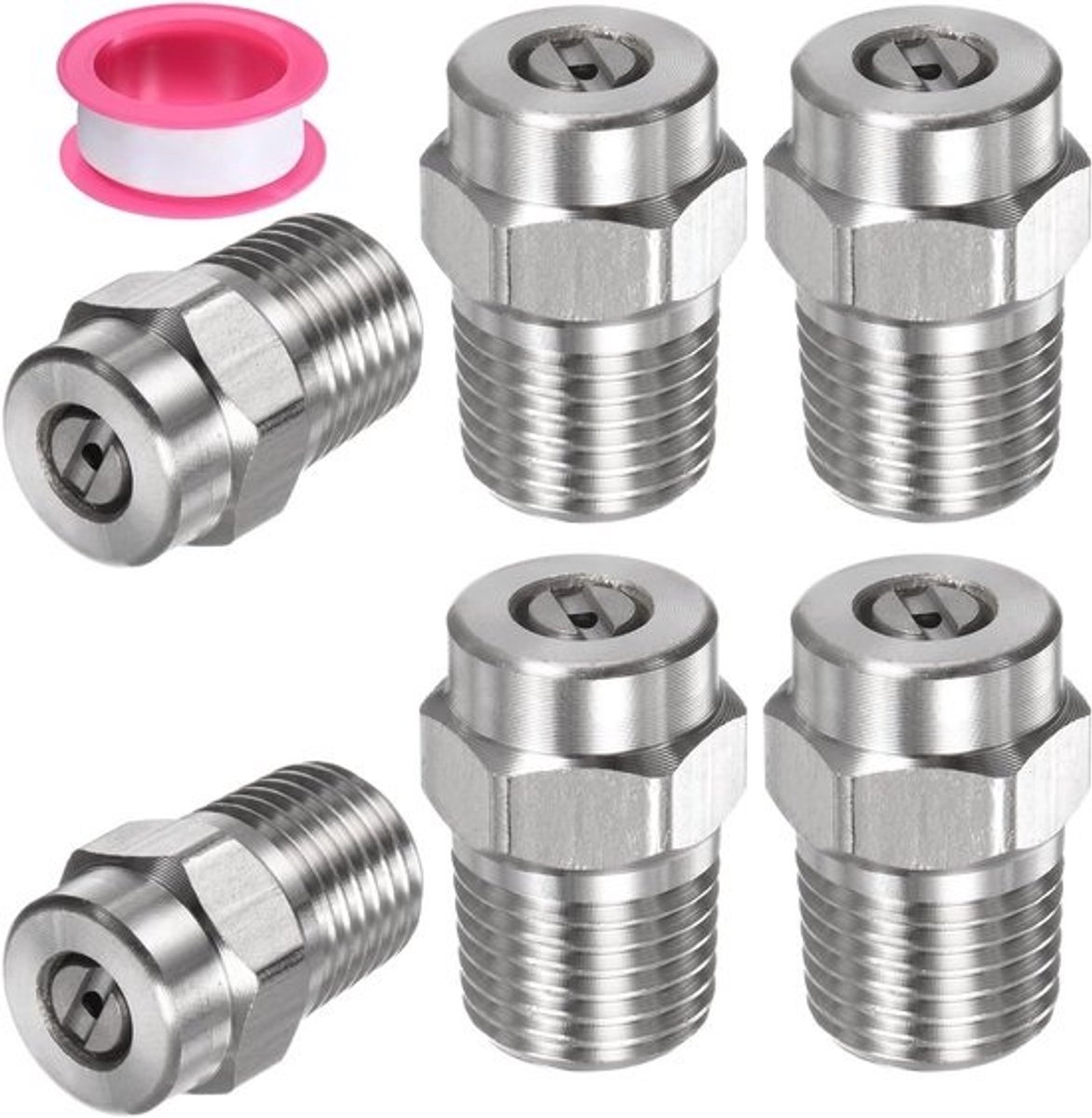 6 Stuks 15 Graad 1/4 Inch NPT Mannetje Drukreiniger Spuitmondjes - RVS Vervangende Doppen met Sealing Tape voor Effectieve Reiniging