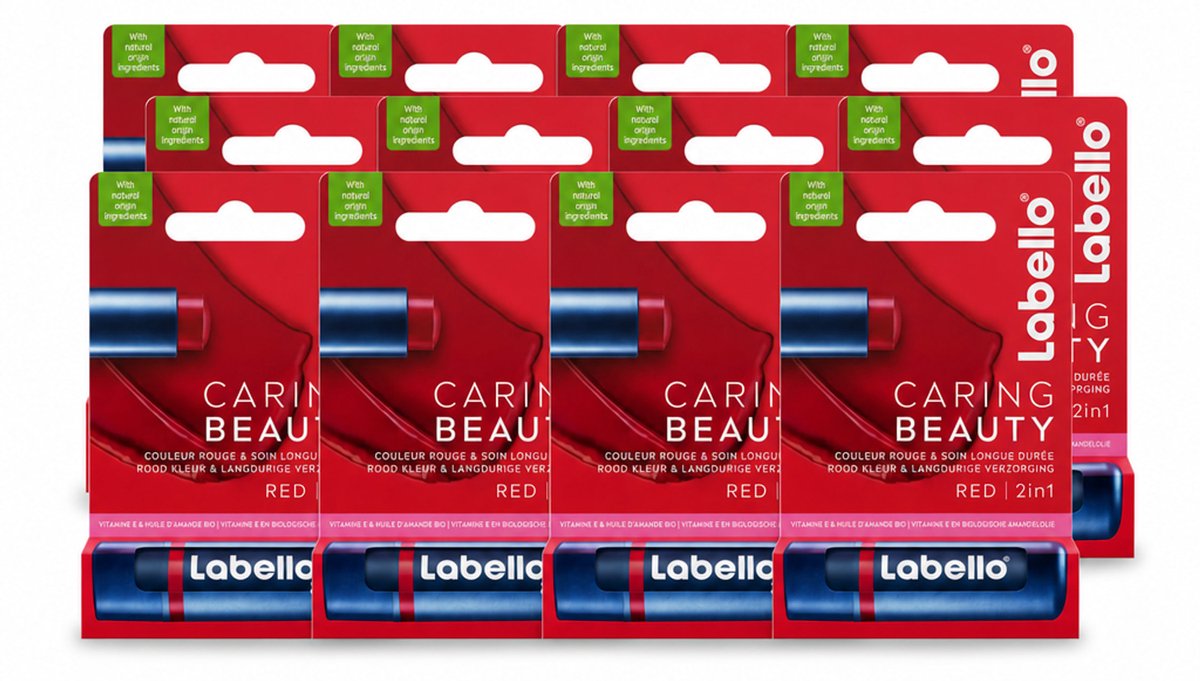 12 x Labello –Lippenbalsem – Caring Beauty Red – 5,5 ml - Voordeelverpakking - 12 stuks