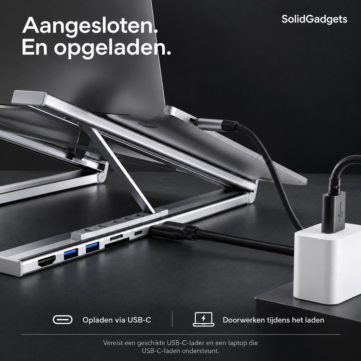 SolidGadgets 2-in-1 Laptopstandaard & USB-C Docking Station 8 in1 - HDMI 4K - Aluminium - Ergonomisch Laptopstandaard thumbnail 6