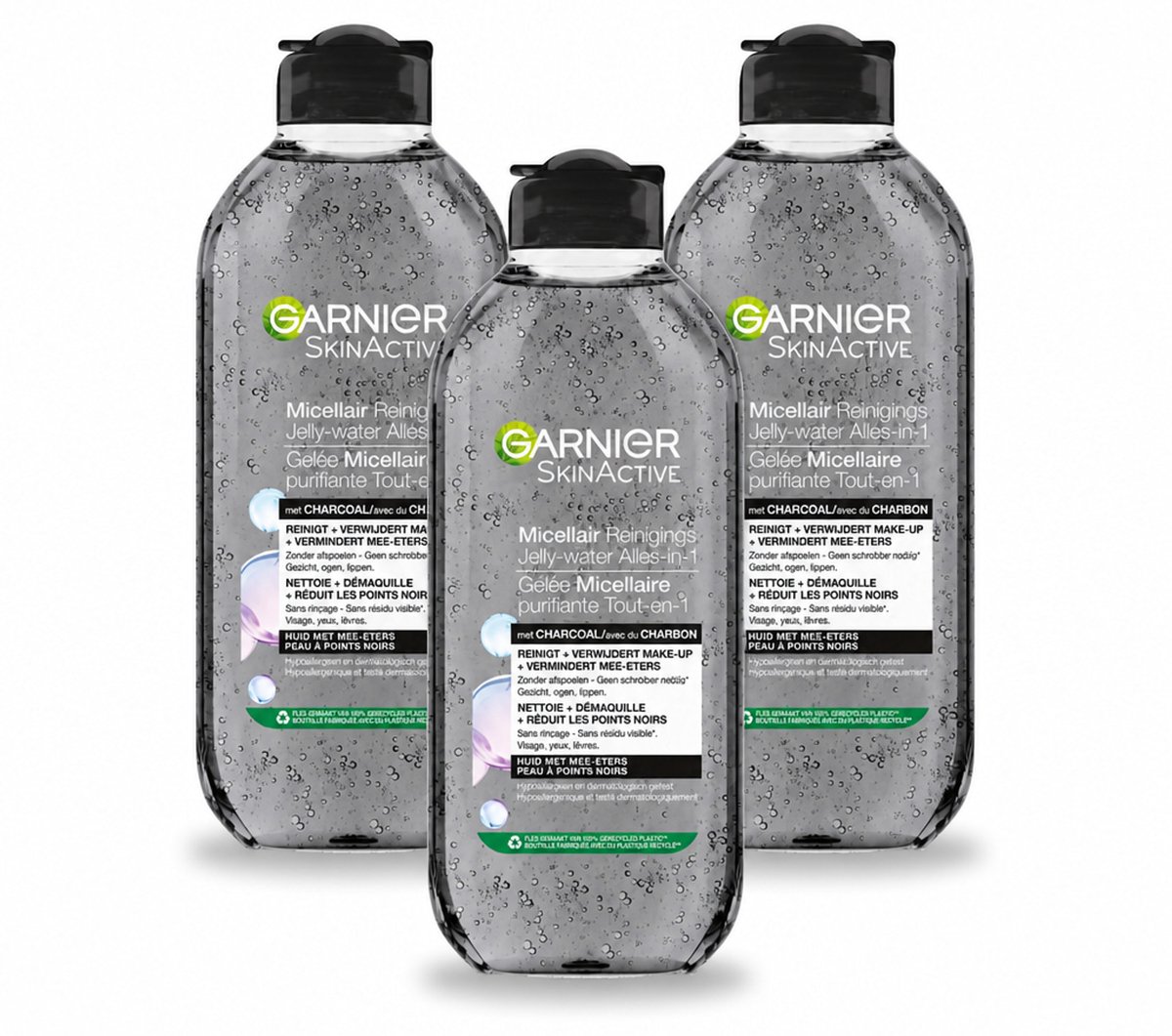 3 x Garnier - SkinActive - Micellair Jelly-water - Alles-in-1 - Charcoal - 400 ml - Bulkverpakking - 3 stuks