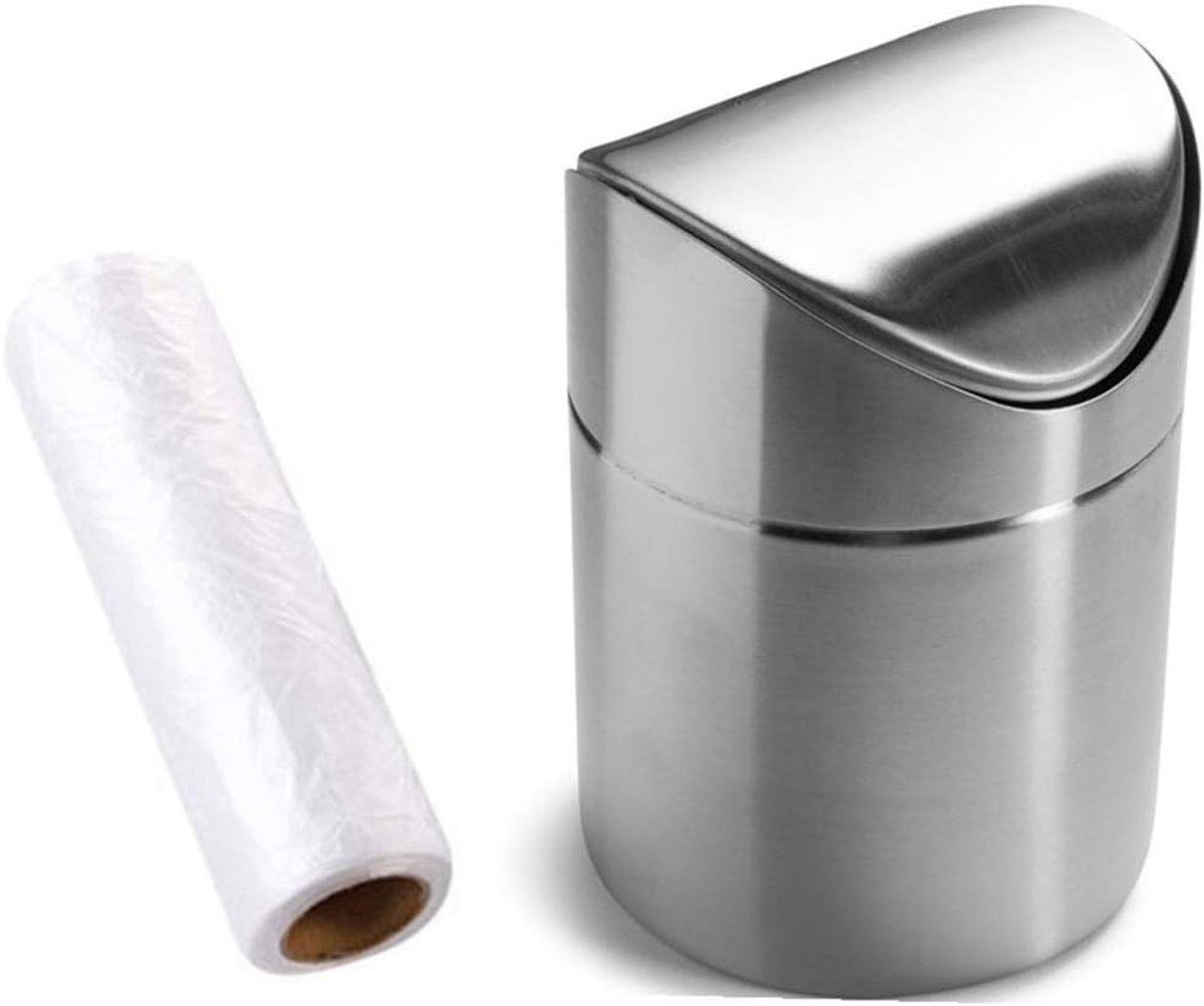 Direct aanrecht geborsteld roestvrij staal klapdeksel tafel bureau auto mini prullenbak set worden geleverd met vuilniszak, 1,5 l/0,40 gal, 5 kleuropties, zilver