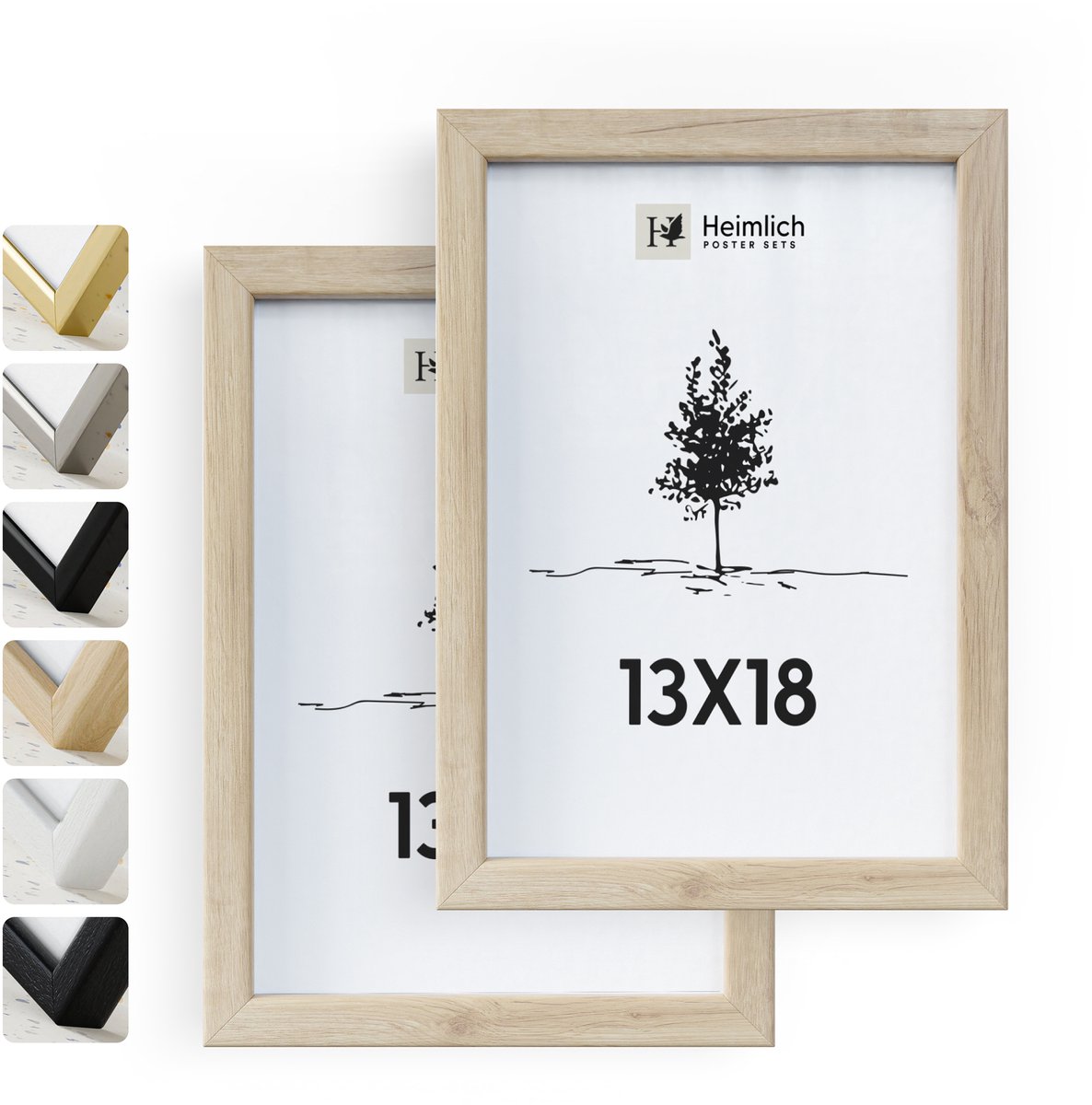 Heimlich Fotolijstjes 13x18 cm Set van 2 - Massief Hout Eiken - Staand en Wandhangend - Onbreekbaar Kunststof Glas Eikenhout