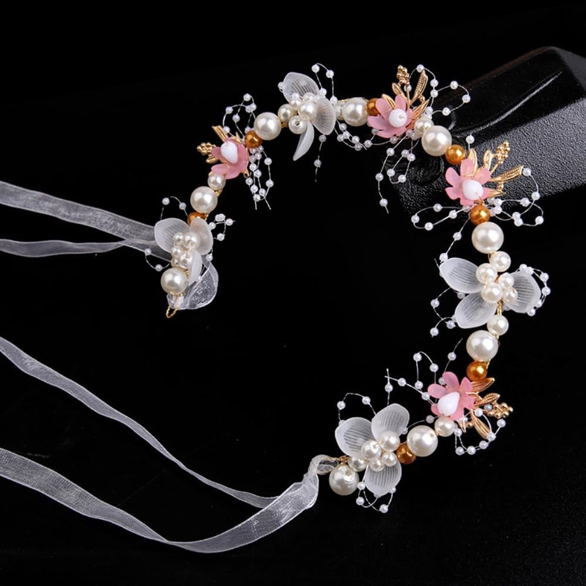 1 stuk bloemenhoofdband, bloemen en parels, strass, bloemen, haaraccessoires, communie, bloemenkrans, haaraccessoires, hoofdtooi voor dames en meisjes, bruiloft, verjaardag, feest, roze