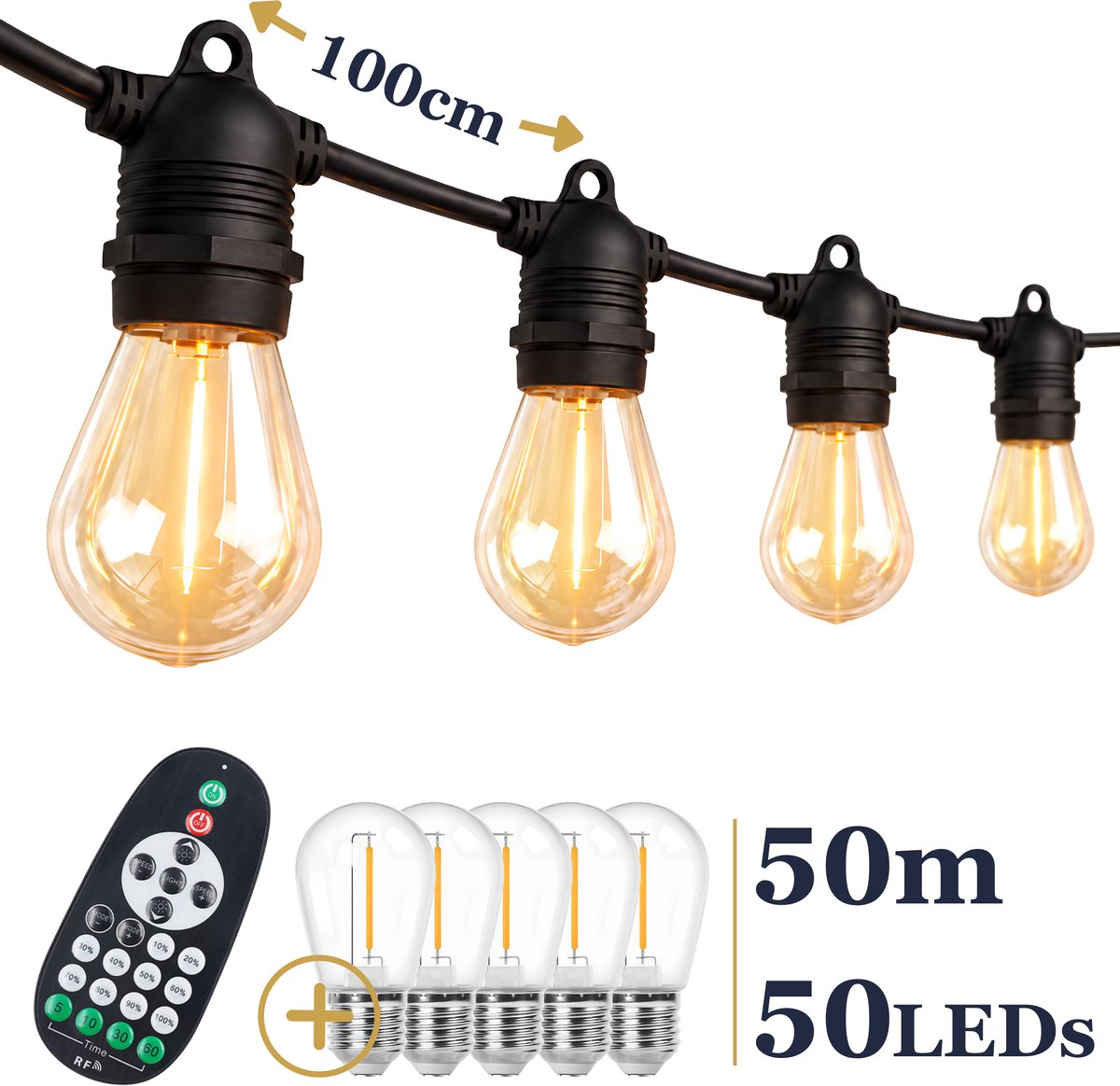 Odaily S14 Lichtsnoer 50m - 50 LEDs - IP65 Waterdicht - Warm Wit Licht - Dimbaar - Premium Kwaliteit
