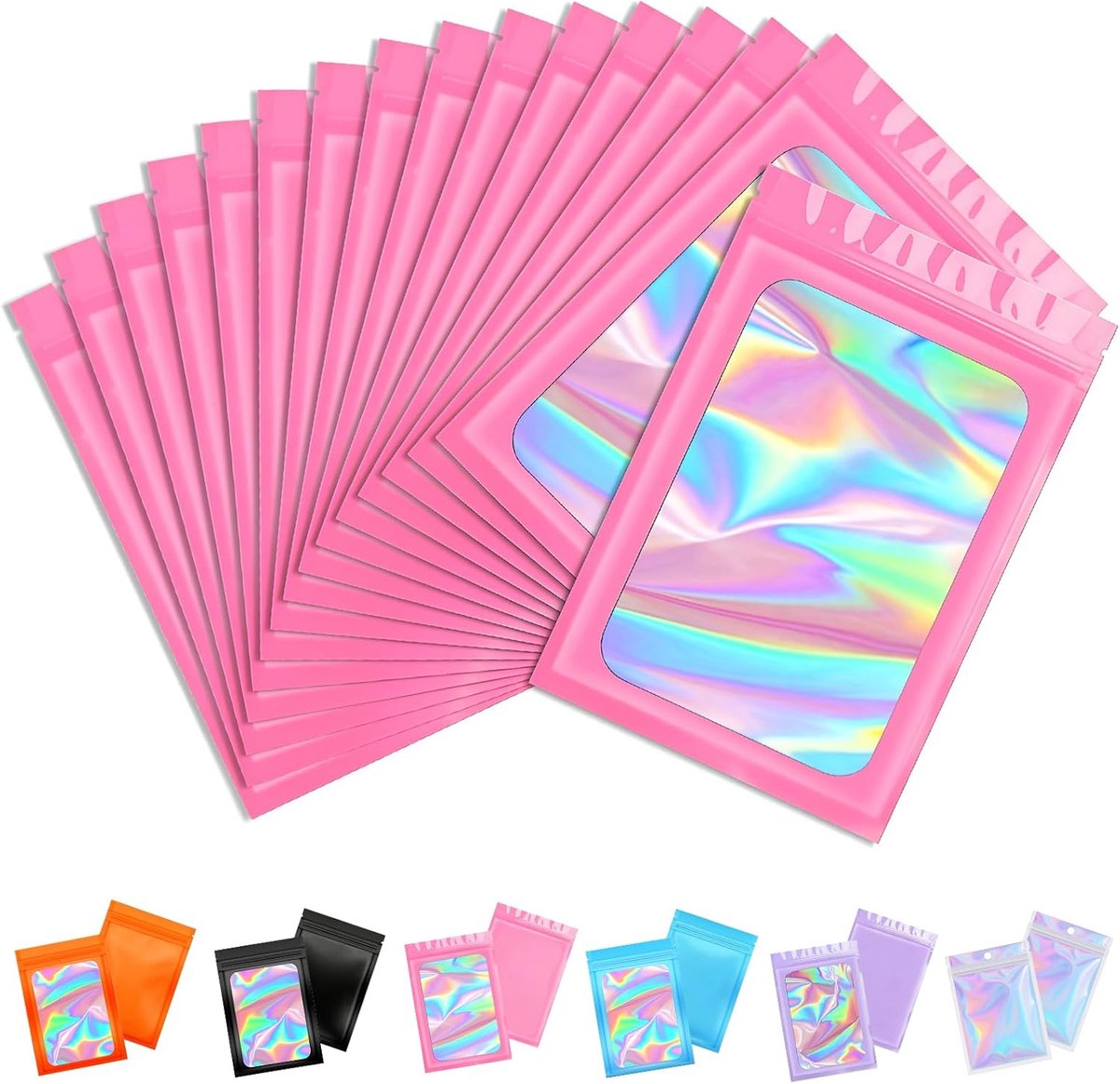 100 stuks Roze Holografische Mylar Zakjes 8x13cm - Her-sluitbare Geurwerende Zakjes voor Voedselopslag, Lipgloss, Sieraden, Wimpers - Met Cadeauverpakking Grip Foil Ziplock