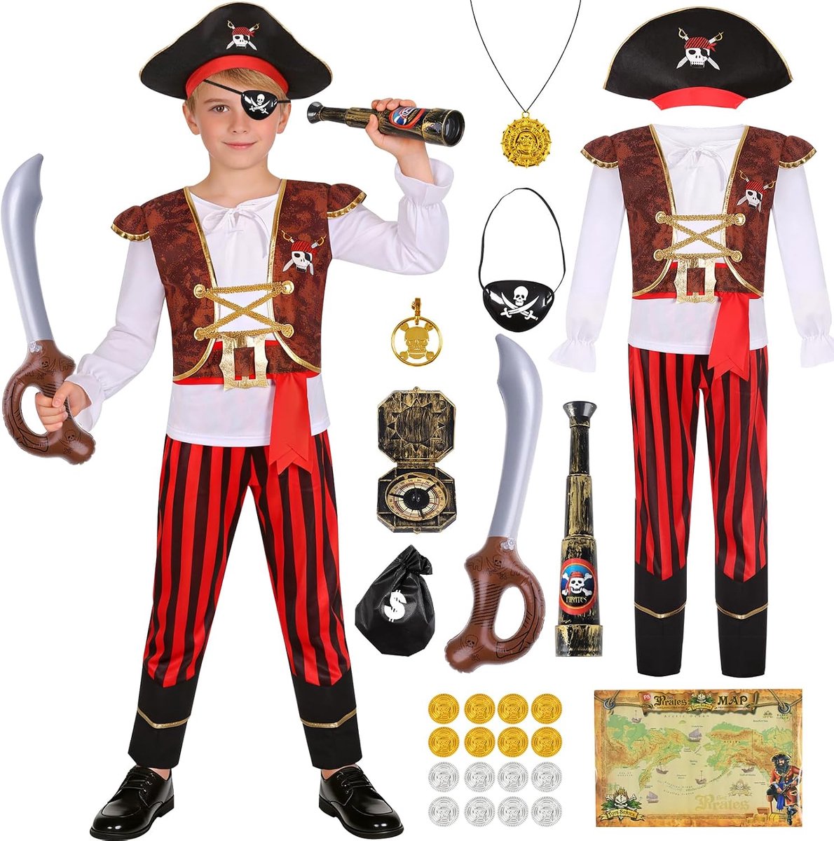 Piratenkostuum voor kinderen, piratenkostuum voor kinderverjaardag, piratenkostuum voor kinderen, met hoed en oogklep, piratas carnaval kleding voor kinderen