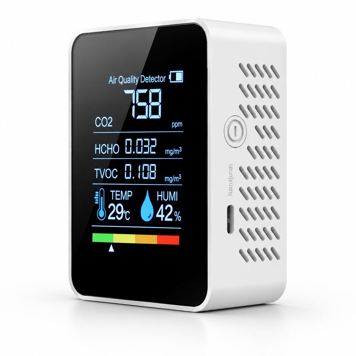 VHV - 5 in 1 Combimelder - CO2 meter - Luchtkwaliteitsmeter - Thermometer Binnen - Hygrometer - Formaldehyde Melder - Draagbaar - Met Display - Met kunstmatig Alarmgeluid En Testknop