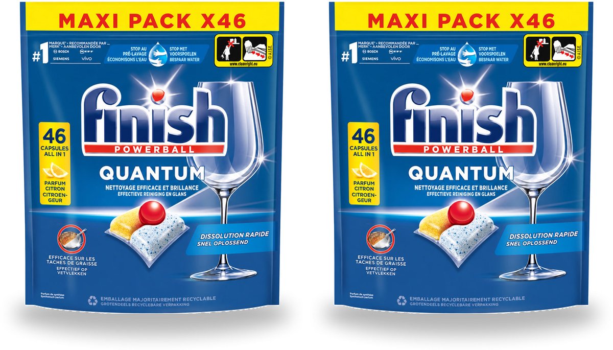 2 x Finish - Vaatwasmiddel - Quantum Vaatwastabletten Citroen - Diepe Reiniging & Frisheid - 46 capsules - Voordeelverpakking - 2 stuks