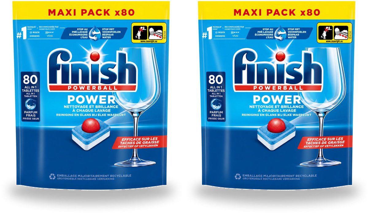 2 x Finish - Vaatwasmiddel - Power All in One Regular - Effectieve Alles-in-1 Reiniging - 80 capsules - Voordeelverpakking - 2 stuks