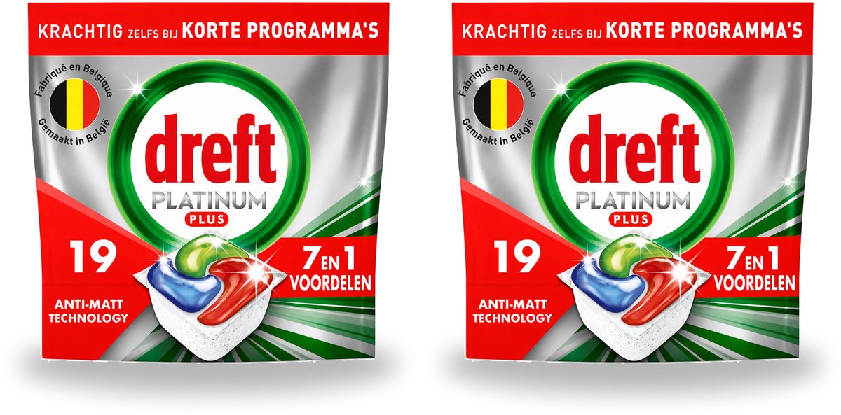 2 x Dreft - Vaatwastabletten - Platinum Plus All-in-One - Krachtige reiniging - 19 Tabletten - Voordeelverpakking - 2 stuks