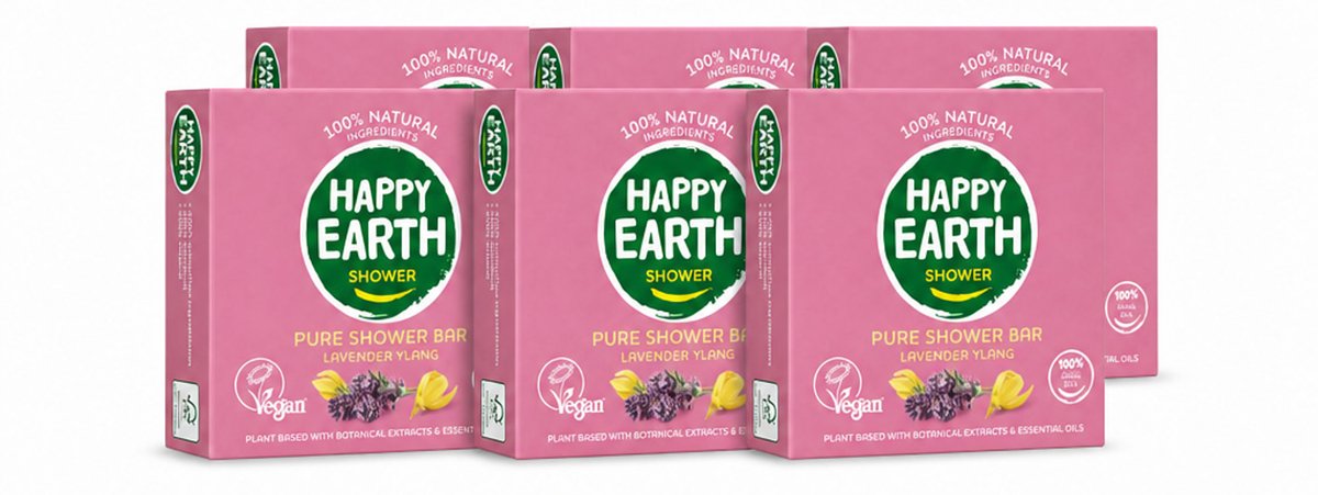 6 x Happy Earth – Shower Bar – 100% Natuurlijk Lavender Ylang – 90 g - Voordeelverpakking - 6 stuks