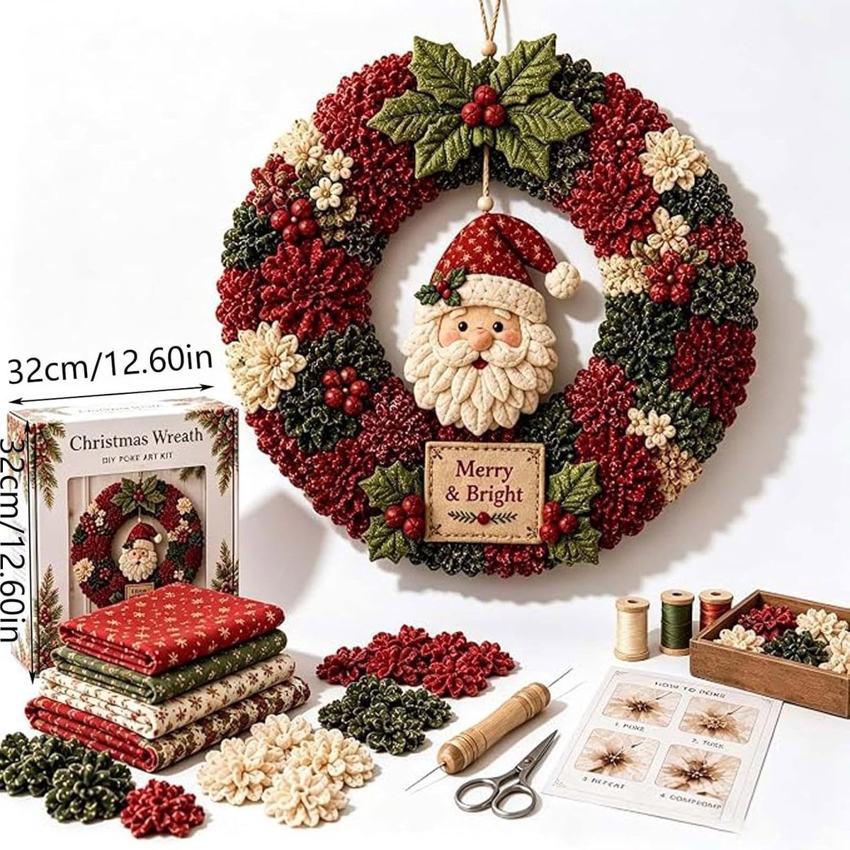 3D Stof Poke Krans DIY Kit - Kerstkrans Maakpakket - Creatief Knutselen voor Thuisdecoratie - Kerstman