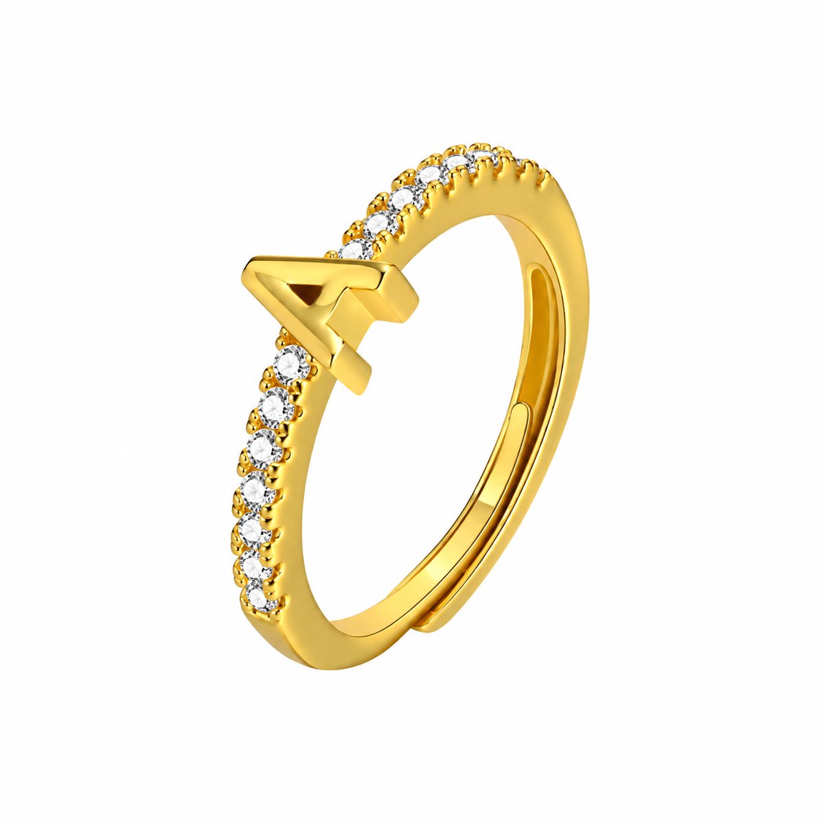 Matthew Studio® Initiaal Ring A - 925 Sterling Zilver - Goudkleurig - Verstelbare Letter Ring met Zirkonia Steentjes