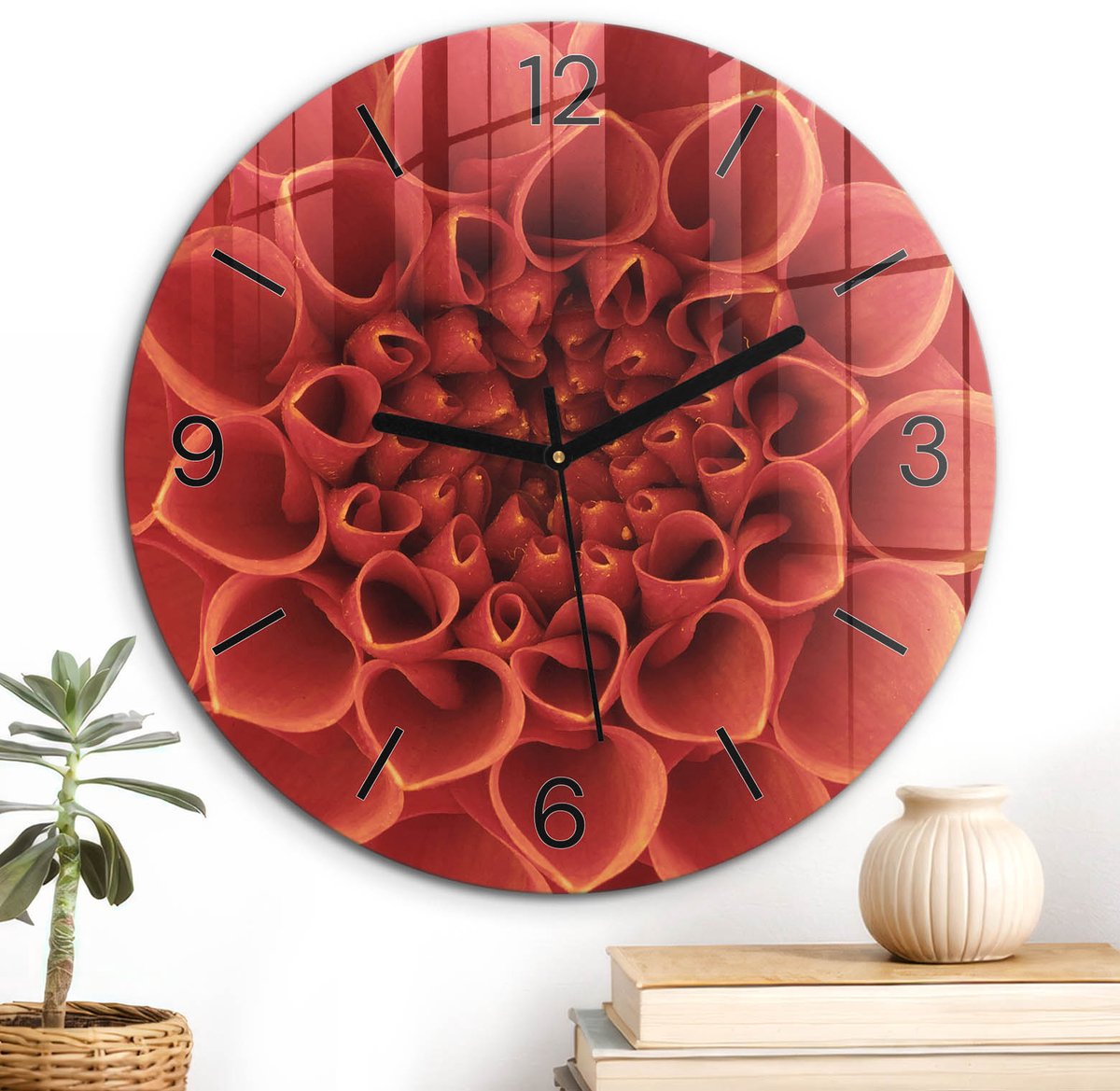 ArtPrintCave Oranje Glazen Klok - Wandklok 30 cm - Muurklok Rond - Oranjebloem Unieke Klok - Abstractie Stille Wandklok - Zwarte Klokwijzers