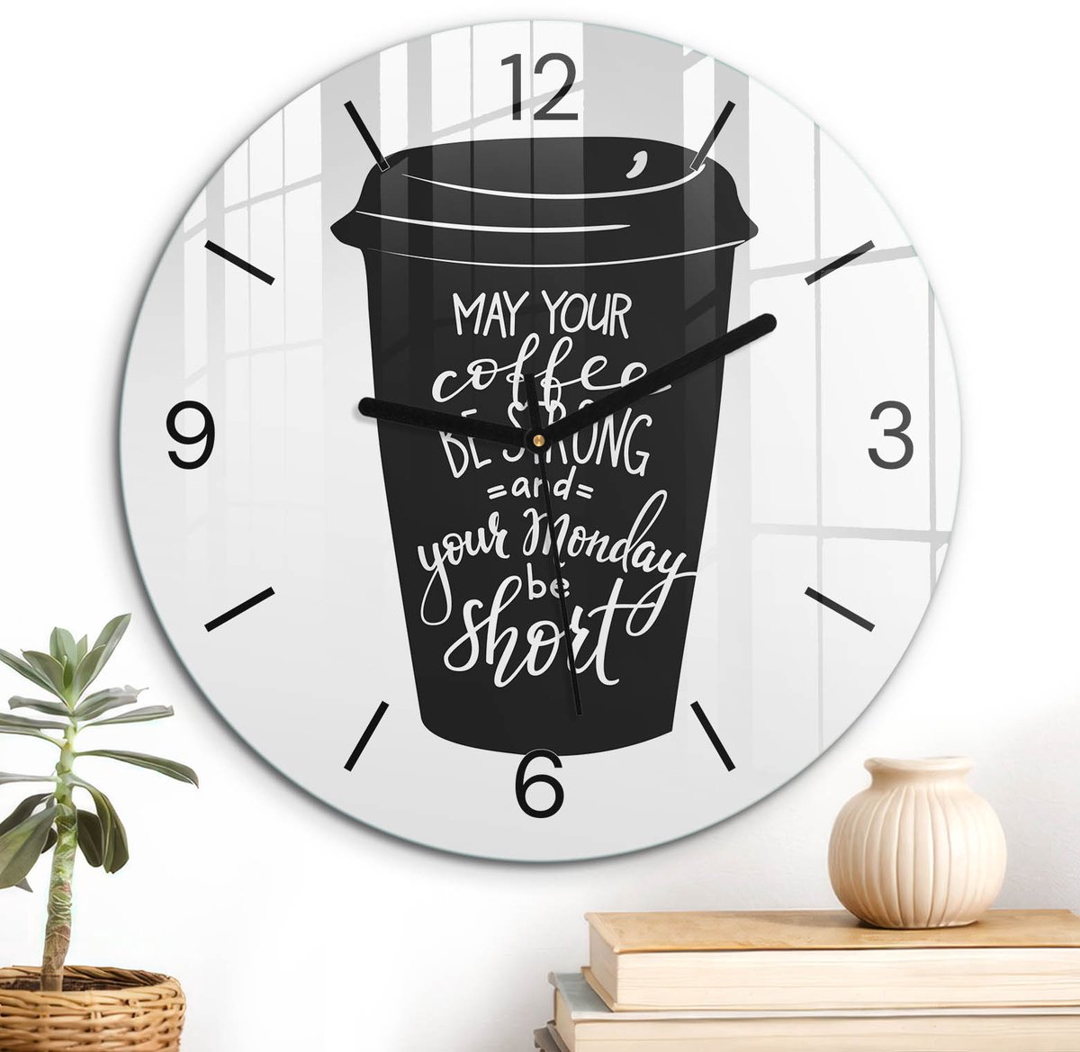 ArtPrintCave Zwart Glazen Klok - Wandklok 30 cm - Muurklok Rond - Motiverende Mok Stille Wandklok - Teksten Wandklok Keuken - Zwarte Klokwijzers