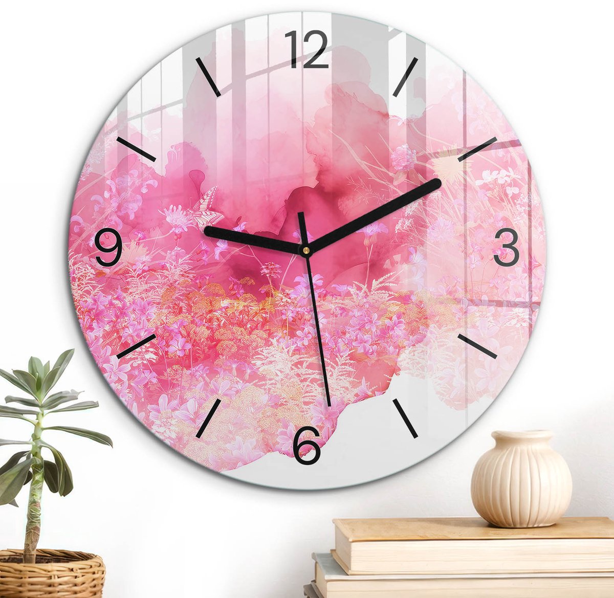 ArtPrintCave Roze Glazen Klok - Wandklok 30 cm - Muurklok Rond - Bloemenharmonie Wandklok Keuken - Abstractie Unieke Klok - Zwarte Klokwijzers