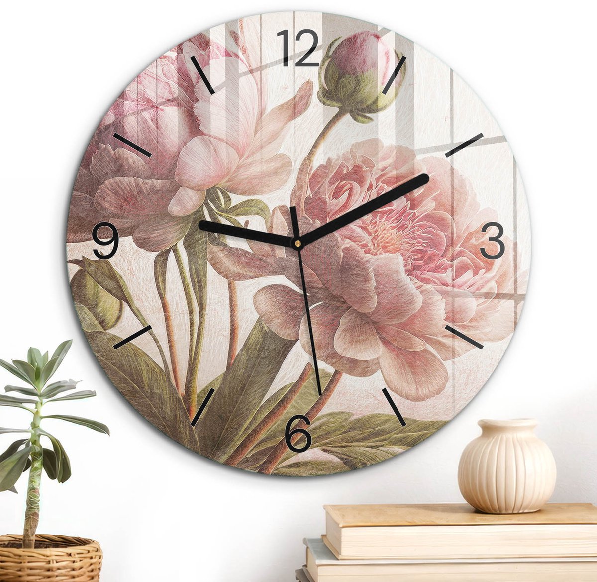 ArtPrintCave Roze Glazen Klok - Wandklok 30 cm - Muurklok Rond - Vintage Pioenrozen Stille Wandklok - Kunst Wandklok Keuken - Zwarte Klokwijzers