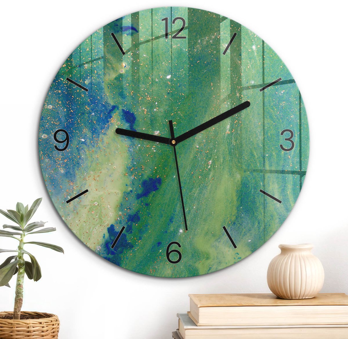 ArtPrintCave Groene Glazen Klok - Wandklok 30 cm - Muurklok Rond - Groene Vortex Stille Wandklok - Kosmos Wandklok Keuken - Zwarte Klokwijzers