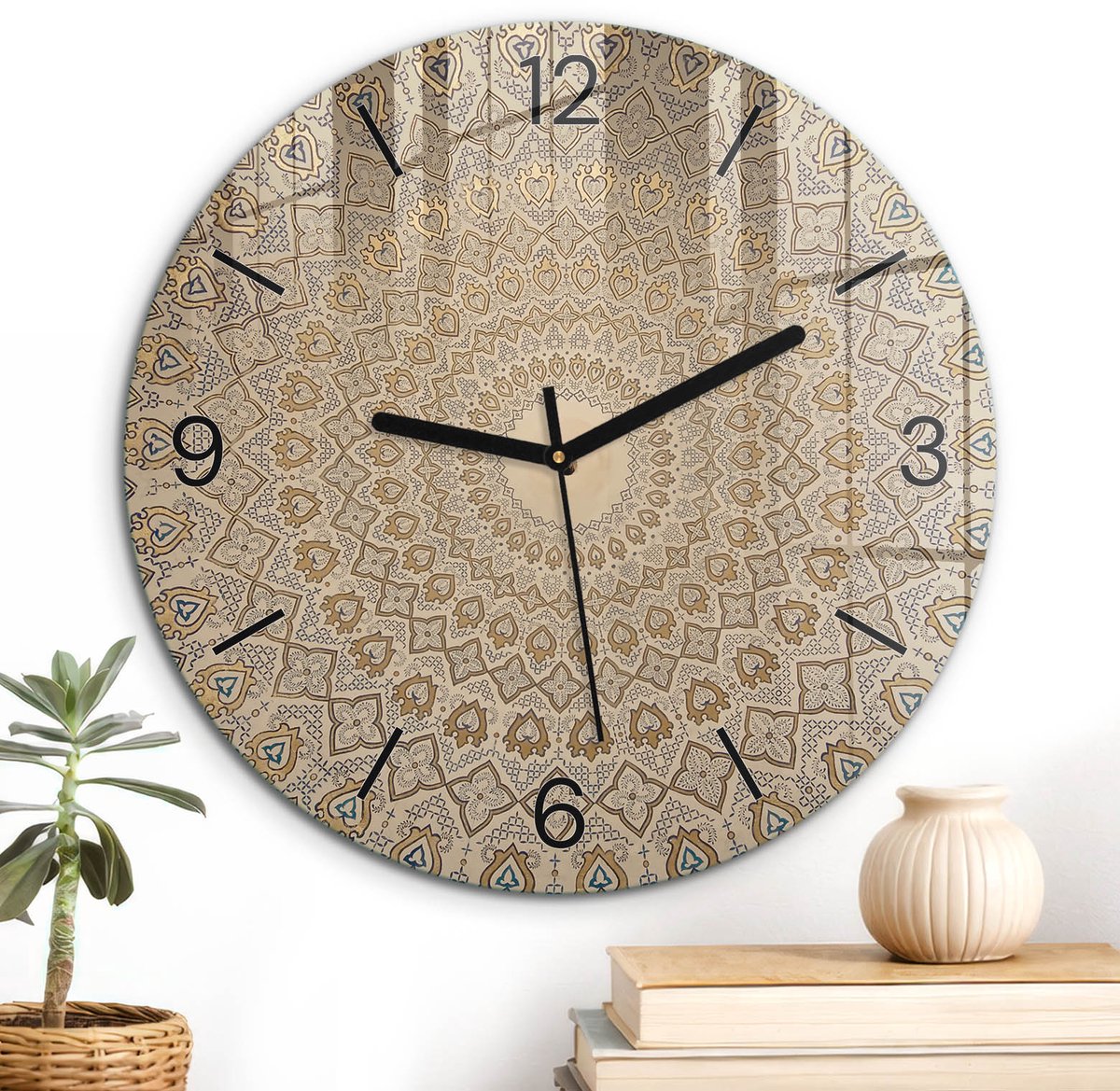 ArtPrintCave Beige Glazen Klok - Wandklok 30 cm - Muurklok Rond - Etnische Mandala Unieke Klok - Abstractie Stille Wandklok - Zwarte Klokwijzers